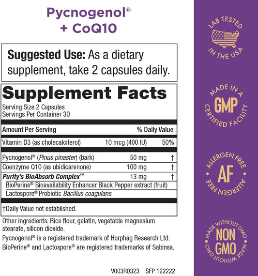 Pycnogenol + Coq10 Super Formula - Purity Products - Usa-Made Kaneka Q10 - Supports Heart + Circulatory Health, Healthy Brain And Immune Function - Helps Maintain Healthy Eyes And Skin - 60 Capsules