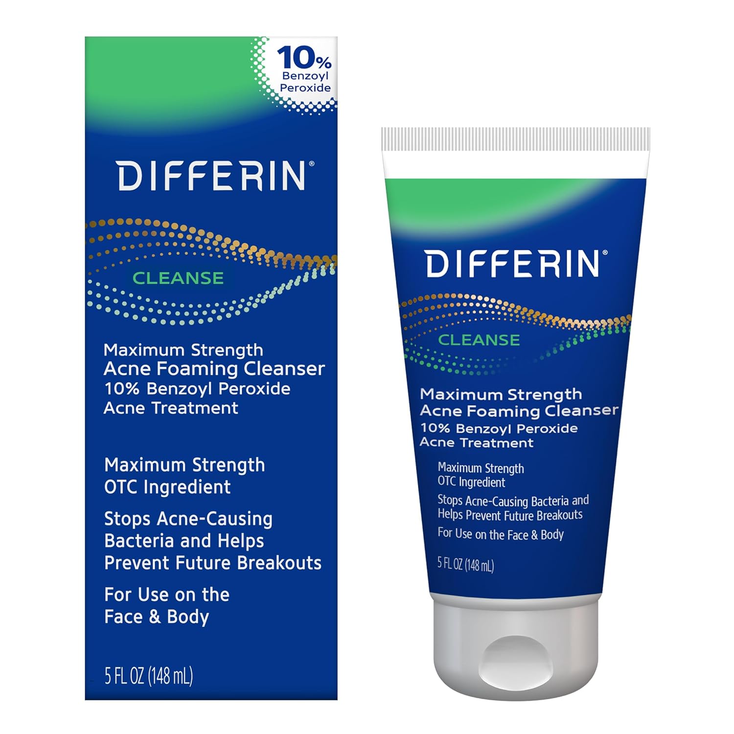 Differin Acne Face Wash With 10% Benzoyl Peroxide, Maximum Strength Otc Acne Foaming Cleanser, Fast Acting Acne Treatment For Face And Body, 5 Oz