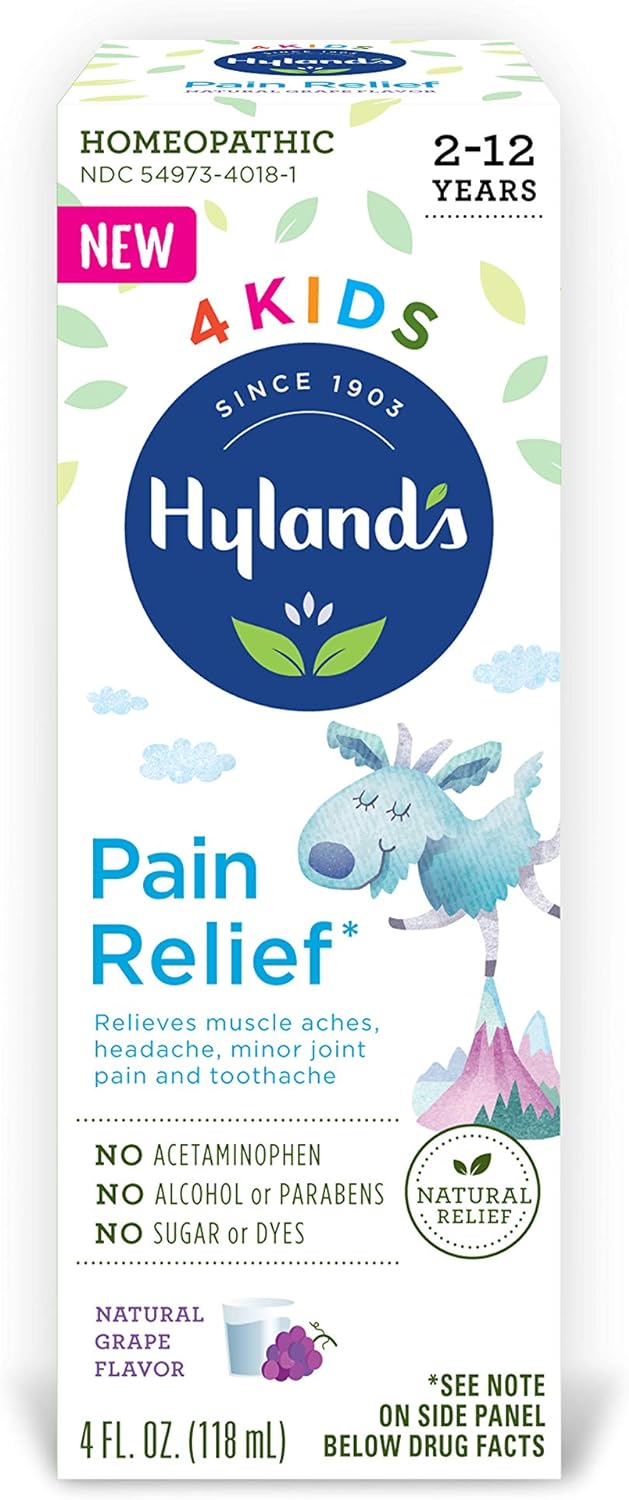 Hyland's Kids Natural Pain Relief Relieves Muscle Aches Headache Minor Joint Pain and Toothache Grape Flavor, 4 Fl Oz