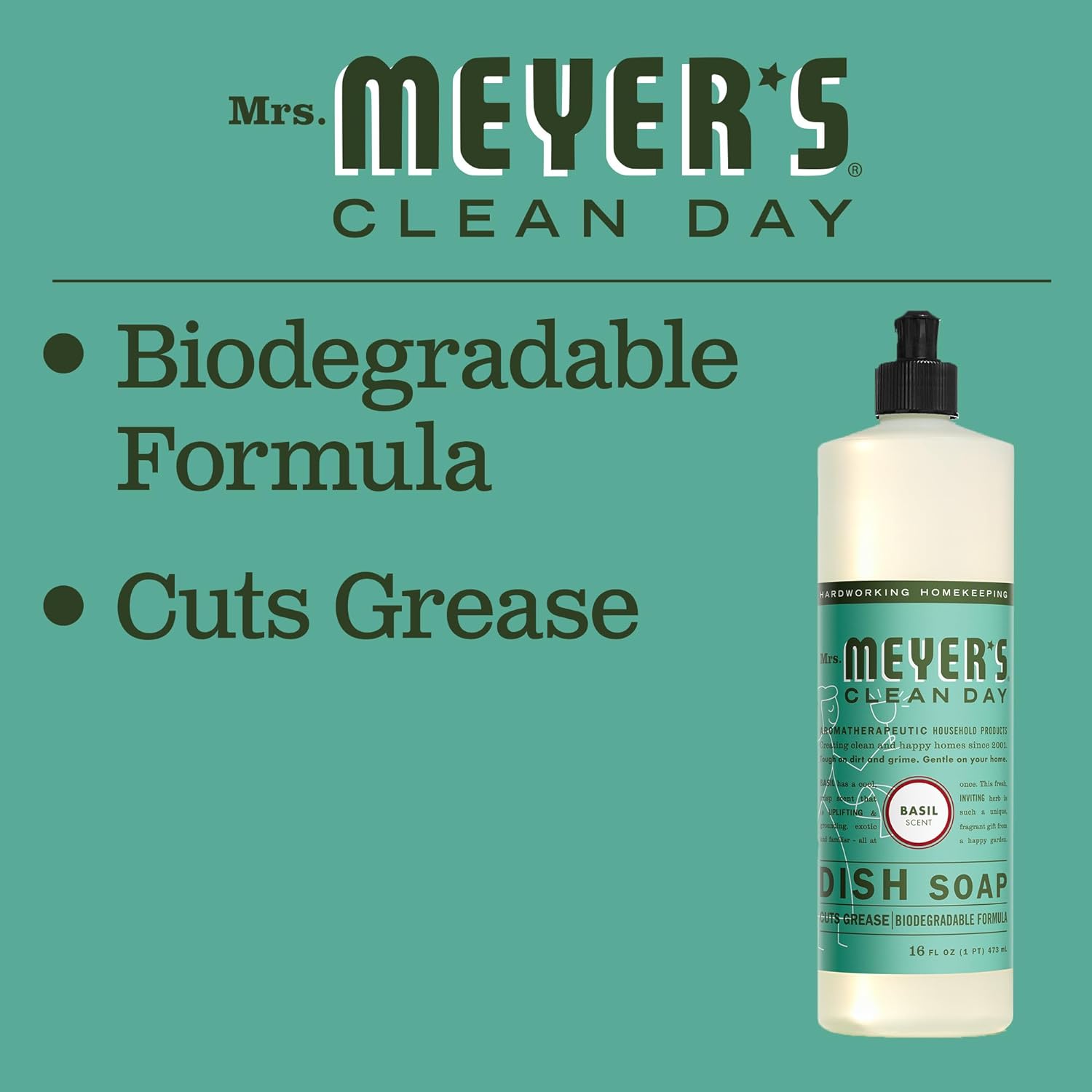 MRS. MEYER'S CLEAN DAY Liquid Dish Soap, Biodegradable Formula, Basil, 16 fl. oz - Pack of 6 : Health & Household