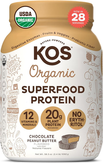 Kos Organic Plant Based Protein Powder, Chocolate Peanut Butter - Delicious Vegan Protein Powder Meal Replacement - Keto Friendly, Gluten Free, Dairy Free & Soy Free - 2.4 Lbs, 28 Servings