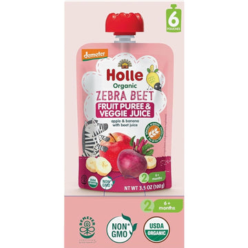 Holle Organic Baby Food Pouches - Zebra Beet Baby Puree with Apple, Banana & Beetroot - (6 Pack) Organic Baby Snacks + Fruit and Veggie Pouches for Weaning Babies 6 Months and Older