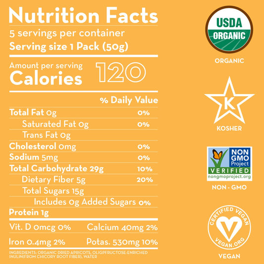 Sunny Fruit Organic Prebiotic Apricots - 1 Bag (5 Individual Portion Packs) | Convenient Snack Packs With Prebiotic Fiber | Organic, Non-Gmo, Vegan, Kosher, Halal, No Preservatives, No Sugar Added