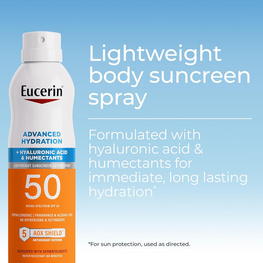 Eucerin Advanced Hydration Spf 50 Sunscreen Spray, Lightweight Spray Sunscreen With Hyaluronic Acid And Humectants, Hypoallergenic, Fragrance And Alcohol Free, 6 Oz Bottle