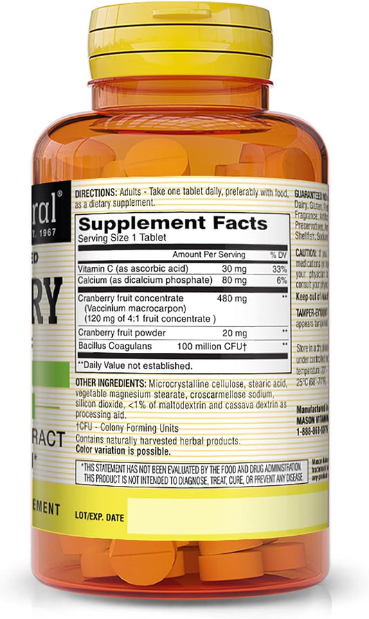 MASON NATURAL Cranberry with Probiotic, Calcium and Vitamin C, Highly Concentrated - Supports Antioxidant and Immune Health, Maintains a Healthy Urinary System, 60 Tablets