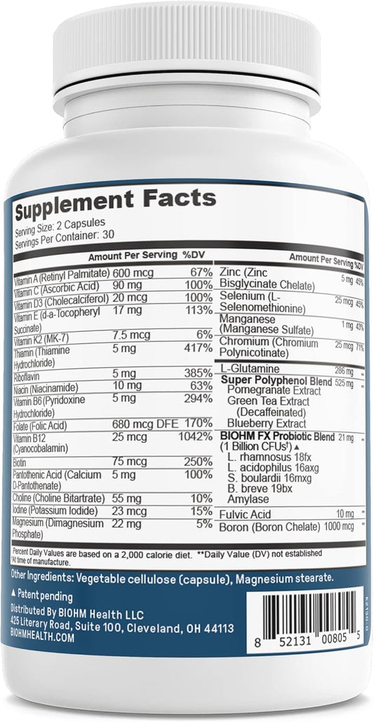 Biohm Multivitamin For Women & Men, Microbiome Multi With Probiotics (60 Capsules, 30 Servings) 21 Vitamins & Minerals, Green Tea, Glutamine & Antioxidants, Non-Gmo, Gluten Free, Vegetarian