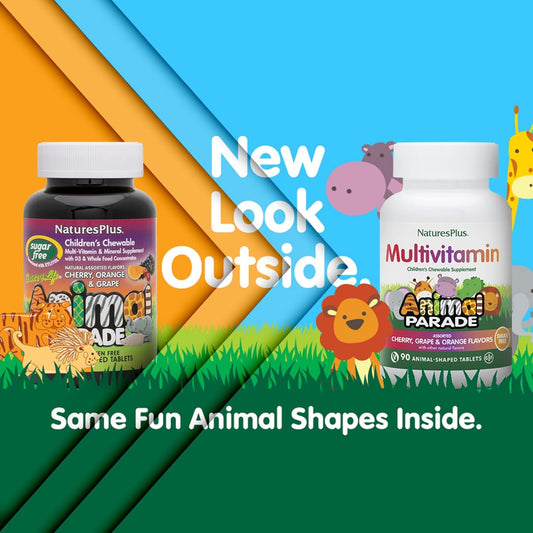 Natures Plus Animal Parade Sugar-Free Children'S Multivitamin - Assorted Cherry, Grape & Orange Flavors - Pack Of 2, 90 Chewable Tablets - 90 Total Servings