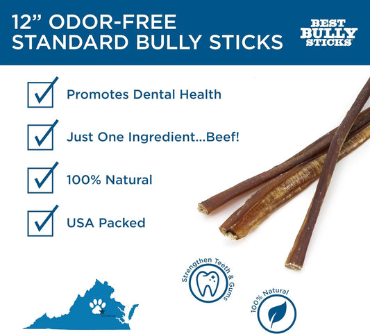 Best Bully Sticks 12 Inch Odor Free Bully Sticks for Dogs, 20 Pack, Bulk Bag 100% Natural, Grass-Fed Beef, Digestible Bully Bones, Grain and Rawhide Free, Odorless Dog Bully Sticks for Large Dogs