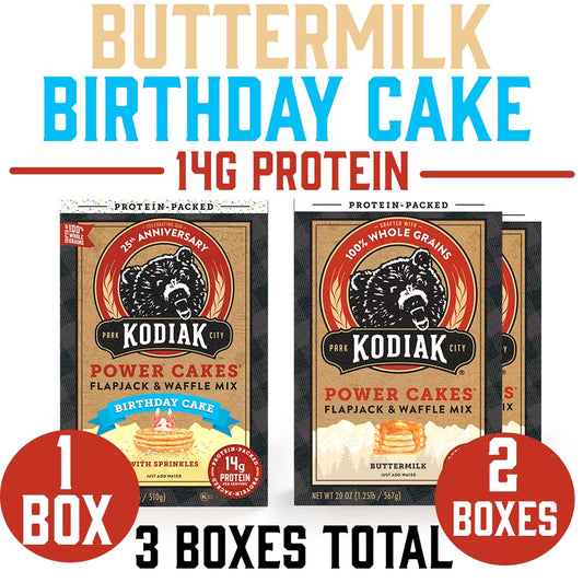 Kodiak Cakes Power Cakes Variety Pack Protein Pancake Mix & Waffle Mix - 100% Whole Grain- Buttermilk (2, 20oz) and Birthday Cake (1, 18oz)