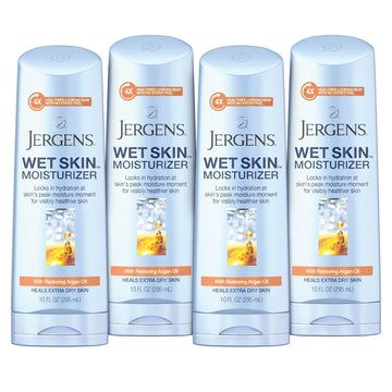 Jergens Wet Skin Body Moisturizer with Restoring Argan Oil, 10 Ounces, 4X Healthier Looking Skin, Fast-Absorbing, Non-Greasy, Dermatologist Tested (Pack of 4)