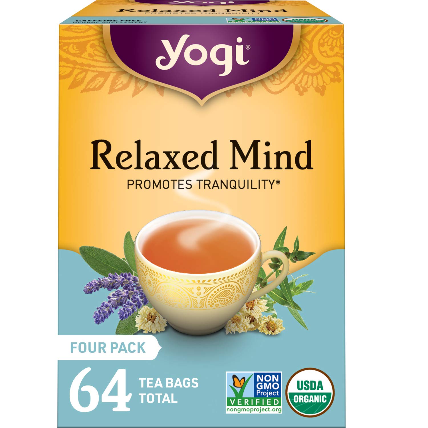 Yogi Tea Relaxed Mind Tea - 16 Tea Bags Per Pack (4 Packs) - Relaxing, Calming Organic Tea For Stress Support - Includes Ashwagandha Root, Sage Leaf, Lavender Flower, Peppermint Leaf & More