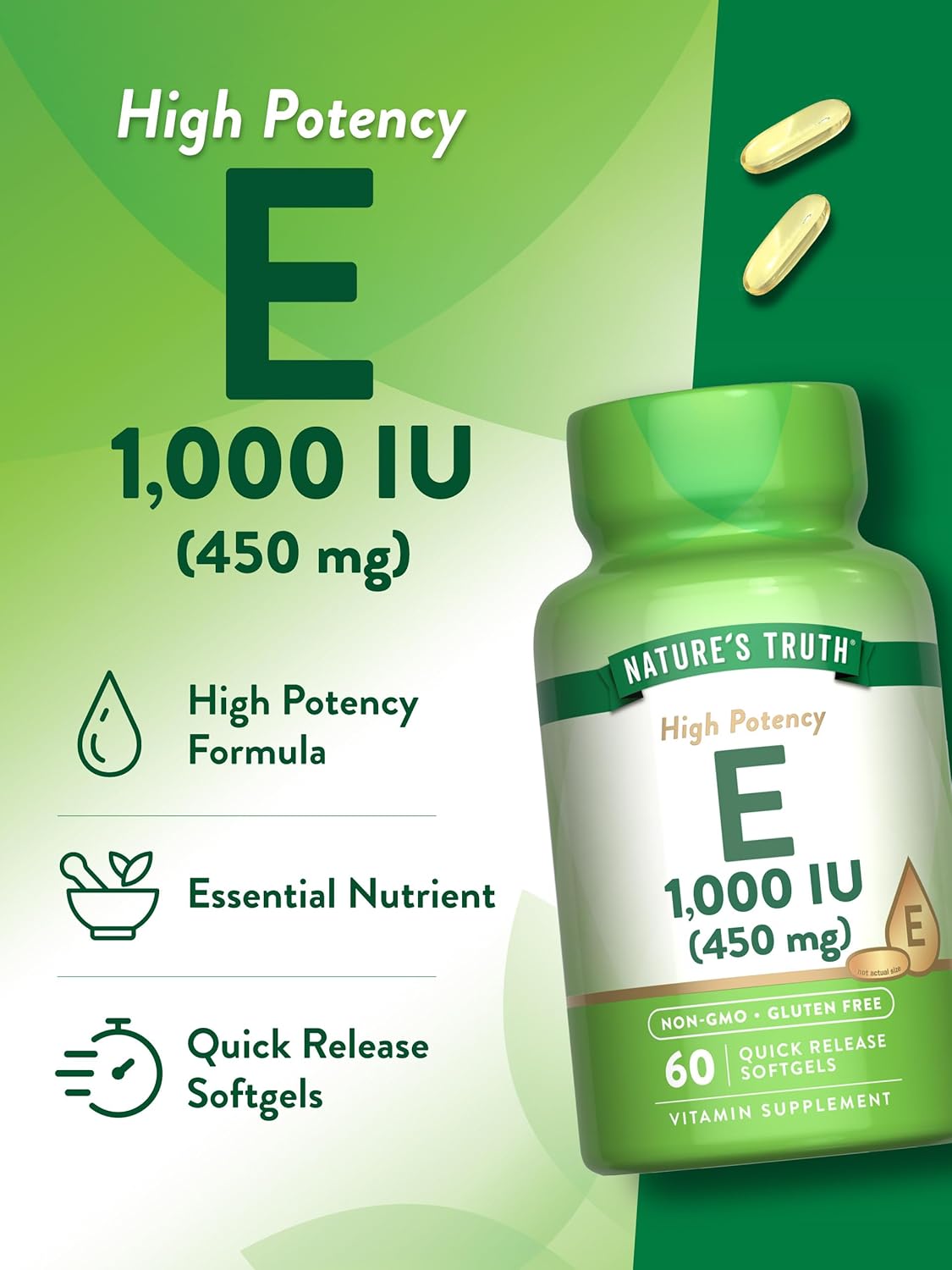 Nature's Truth Vitamin E Softgels | 1000 IU | 60 Count | Non-GMO & Gluten Free Supplement : Health & Household