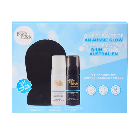 Bondi Sands 3 Piece Travel Essentials Bundle | Mini Self Tan Kit | Includes Dark Self Tanning Foam 100ml, Self Tan Eraser 100ml & Application Mitt