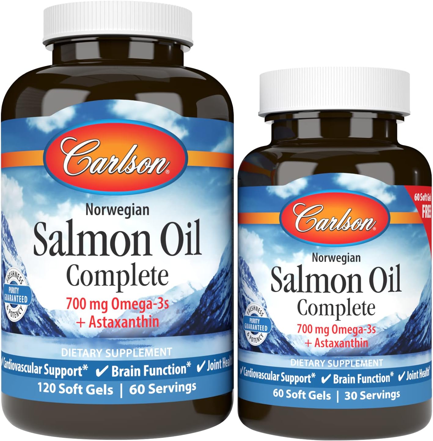 Carlson - Salmon Oil Complete, 700 mg Omega-3s + Astaxanthin, Norwegian, Heart, Brain & Joint Health, 120+60 Softgels