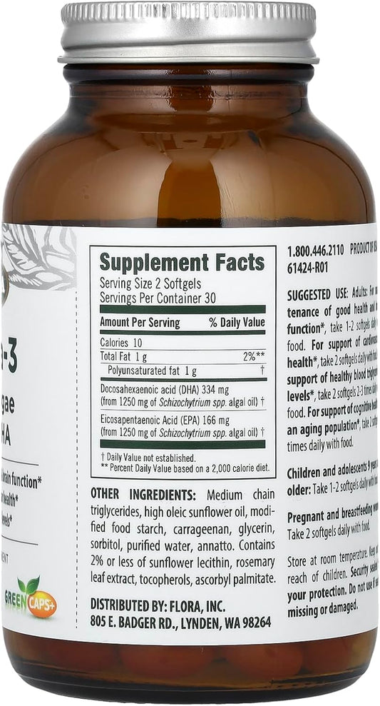 Flora Health Omega-3 EPA & DHA Vegan Algae, Maintain Good Health & Brain Function, Supports Cardio Health, Healthy Triglyceride Levels, 60 Vegetarian Softgels : Health & Household