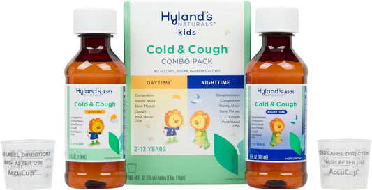 Hyland's Naturals Kids Cold & Cough, Day and Night Combo Pack, Cold Medicine for Ages 2+, Syrup Cough Medicine for Kids, Nasal Decongestant, Allergy Relief, 4 Fl Oz (Pack of 2)