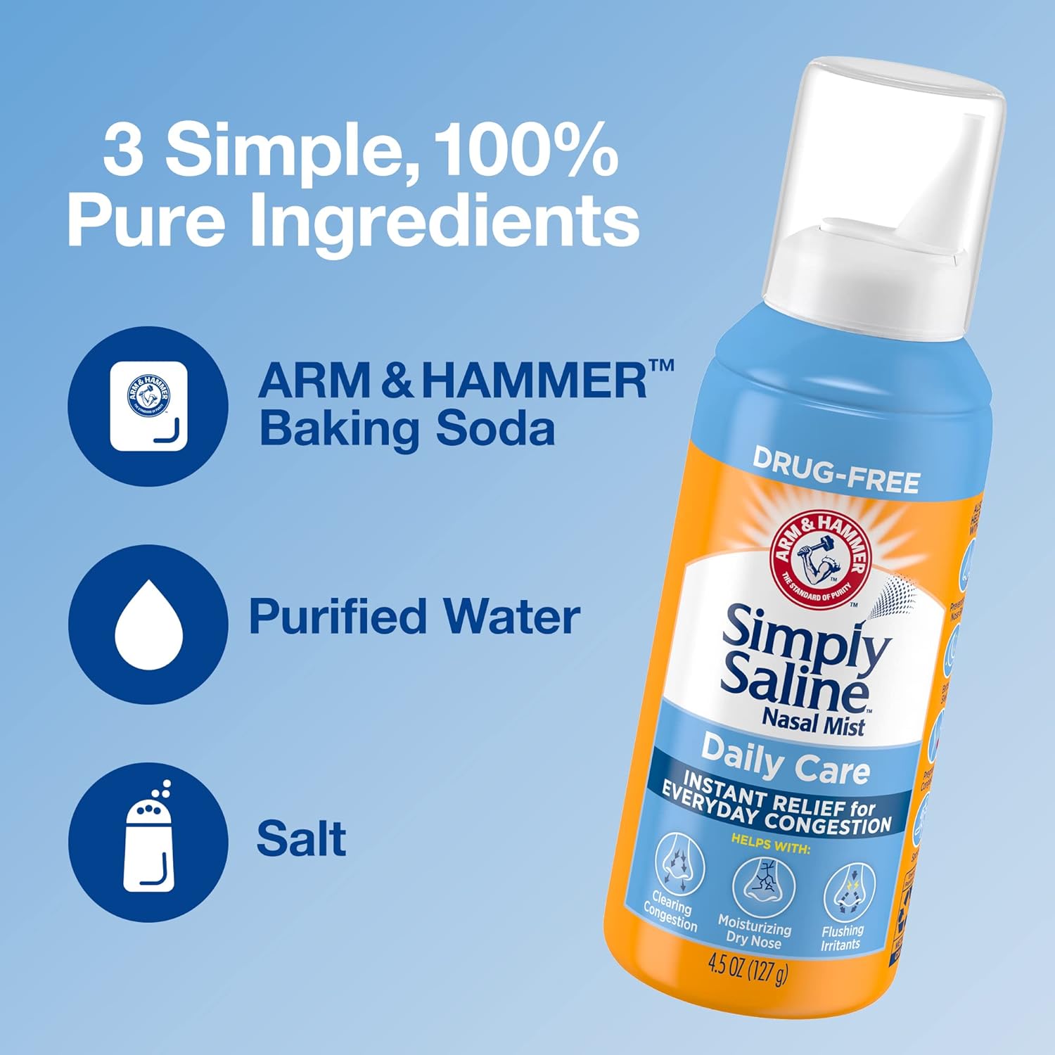 ARM & HAMMER Simply Saline Nasal Care Daily Mist 4.5oz – Instant Relief for Every Day Congestion – One 4.5oz Bottle : Health & Household