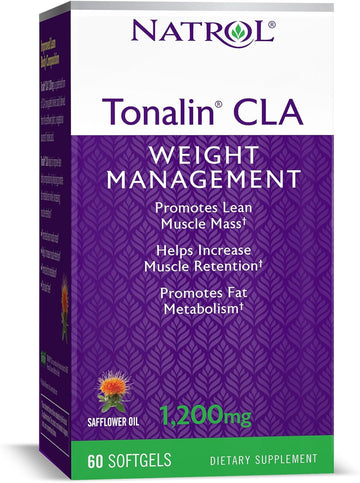 Natrol Tonalin CLA Softgels, Derived from Safower Plant, Promotes Lean Muscle Mass, Helps Increase Muscle Retention, Promotes Fat Metabolism, Weight Management Supplement, 1,200mg, 60 Count