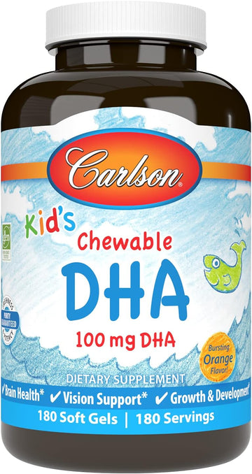 Carlson - Kid's Chewable DHA, 100 mg DHA, Brain Health, Vision Function, Growth & Development, Orange, 180 Chewable Softgels