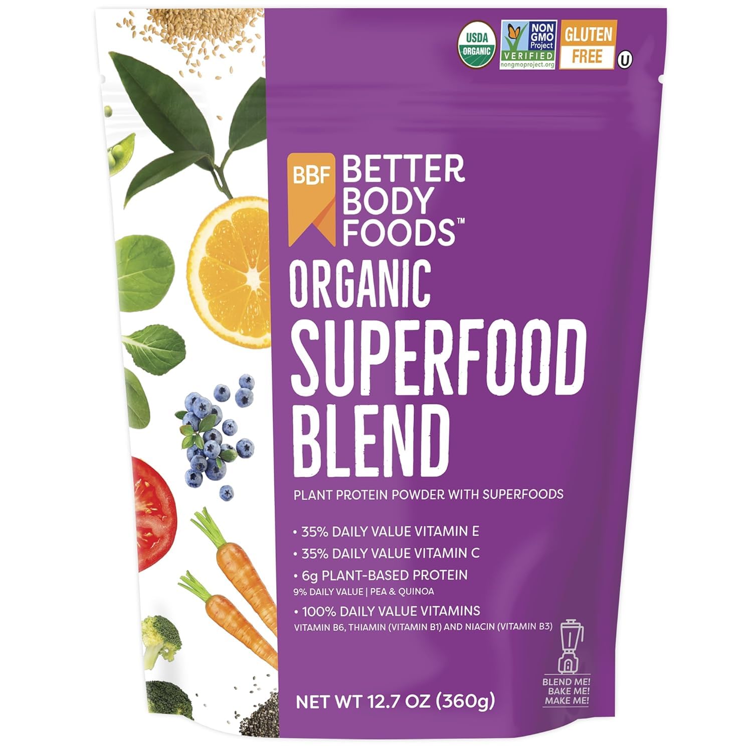 Betterbody Foods Organic Superfood Powder With Protein, Vitamins C, E, And B12 (12.7 Oz.)