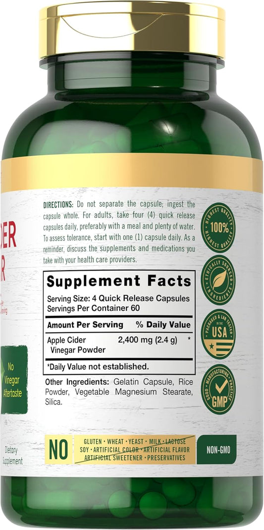 Carlyle Apple Cider Vinegar Capsules | 2400Mg | 240 Count | Non-Gmo, Gluten Free Supplement