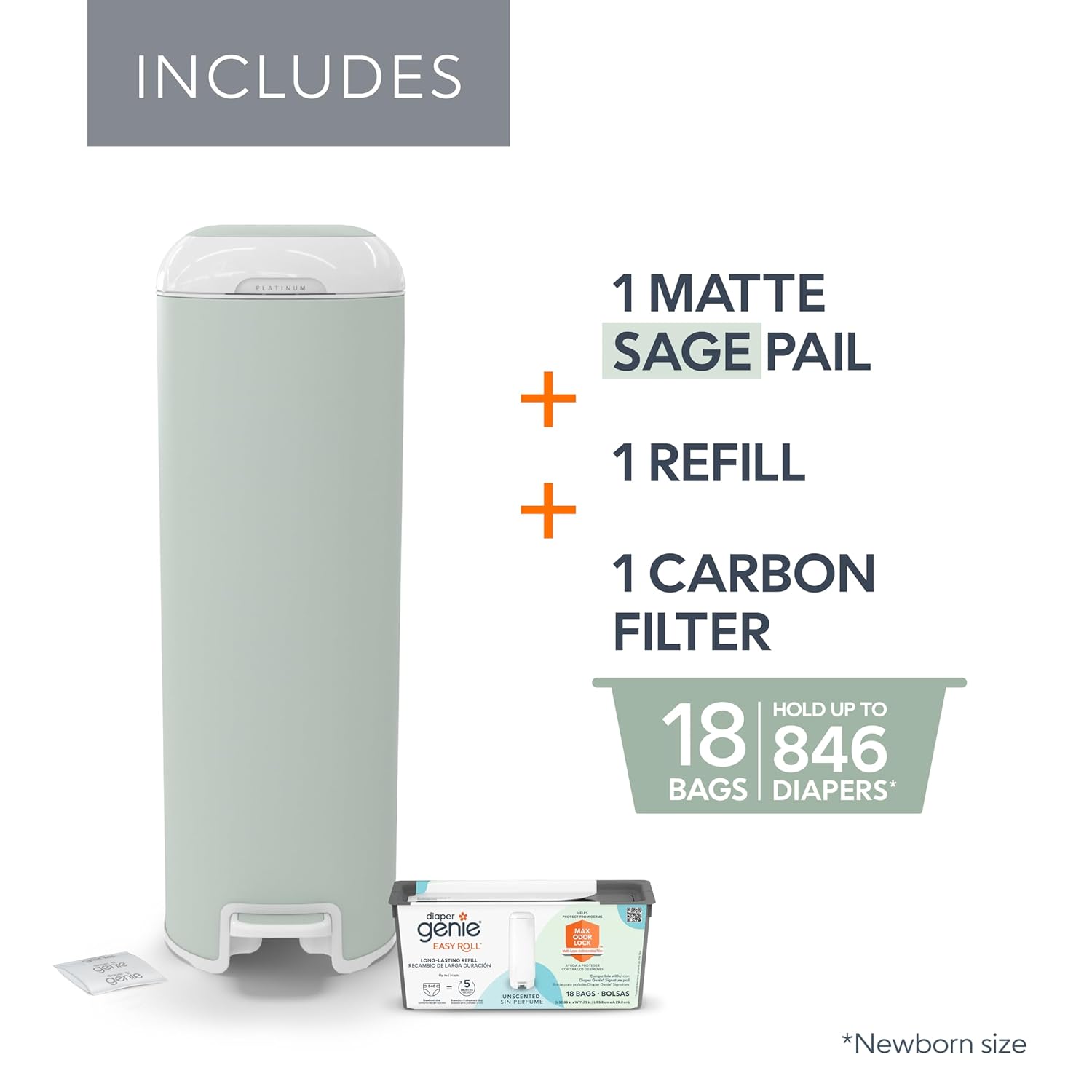 Diaper Genie Platinum Pail (Sage Green) is Made in Durable Stainless Steel and Includes 1 Easy Roll Refill with 18 Bags That can Last up to 5 Months. : Baby