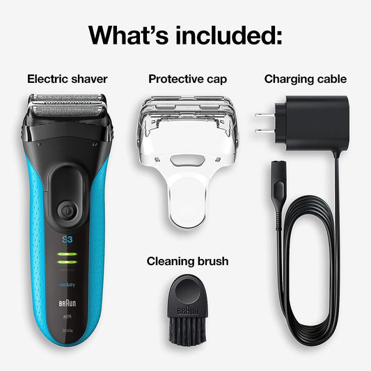 Braun Electric Series 3 Razor With Precision Trimmer, Rechargeable, Wet & Dry Foil Shaver For Men, Blue/Black, 4 Piece