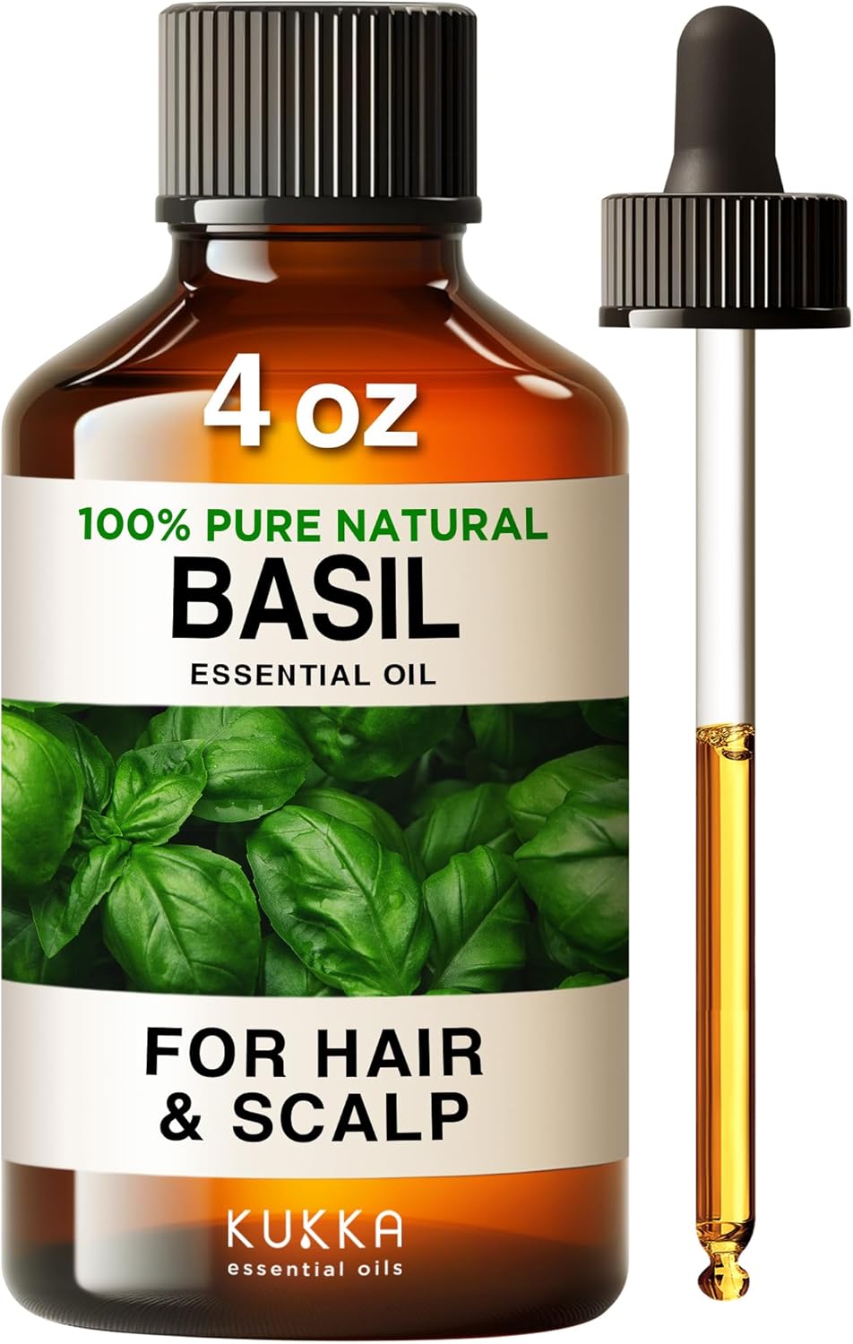 Kukka Basil Essential Oil For Diffusers - 100% Natural Basil Essential Oil For Skin - Basil Oil For Aromatherapy Skin Fragrance Massage Candles & Soaps Making Scent (4 Fl Oz)