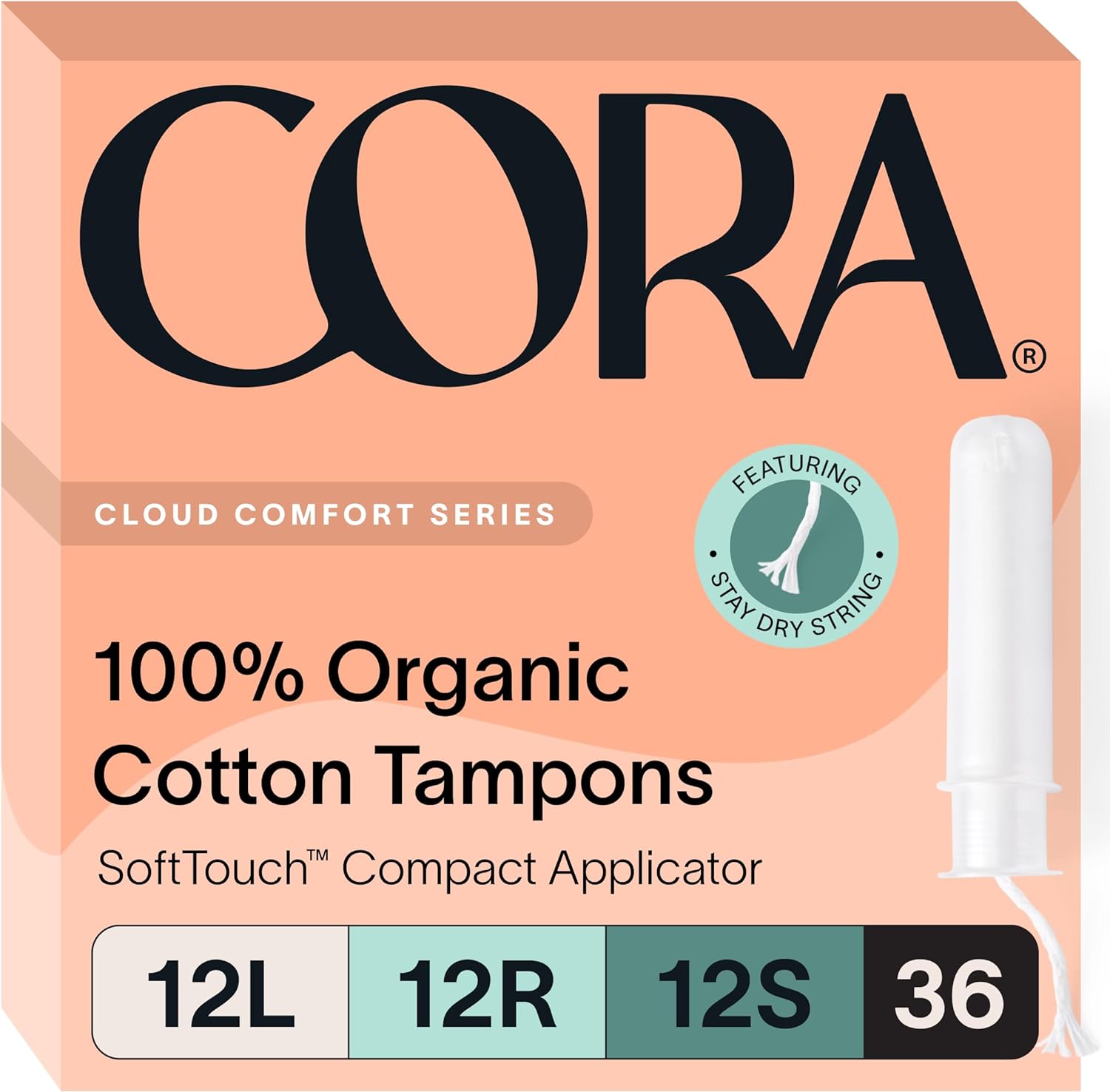 Cora Organic Applicator Tampon Multipack | 12 Light, 12 Regular, 12 Super Absorbency | 100% Organic Cotton, Unscented, Bpa-Free Compact Applicator | Leak Protection, Easy Insertion | 36 Total