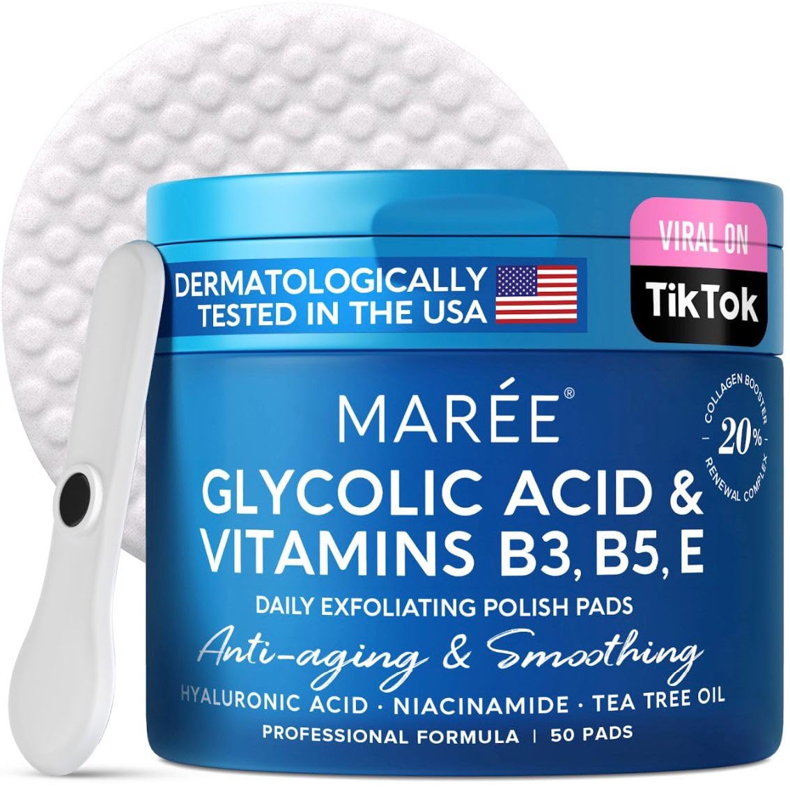 MAREE Facial Polish - Glycolic Acid Peel Pads For Face With Tea Tree Oil - Exfoliating Polish with Salicylic Acid & Vitamins E, B3, B5 - Face Pads with Skin Peeling & Deep Cleaning Effect