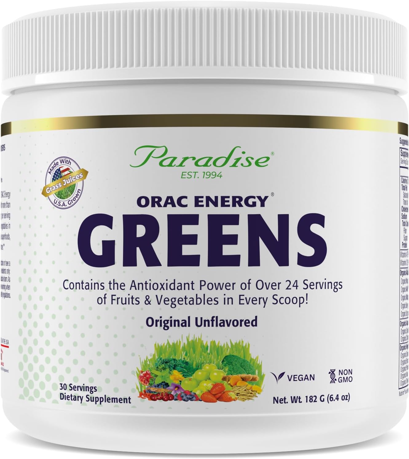 Paradise, Orac Energy Greens Powder Extract, Super Antioxidants, Probiotics For Gut Health & Digestion, Vitamin C For Immunity, With Spirulina & Chlorella, Non-Gmo, Gluten Free, 30 Servings