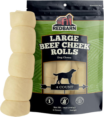 Redbarn All-Natural Large Beef Cheek Rolls For Dogs, Uncoated - Single Ingredient Grain-Free Chew Treat Naturally Rich In Collagen - No Artificial Preservatives - 4 Pack - Packaging May Vary