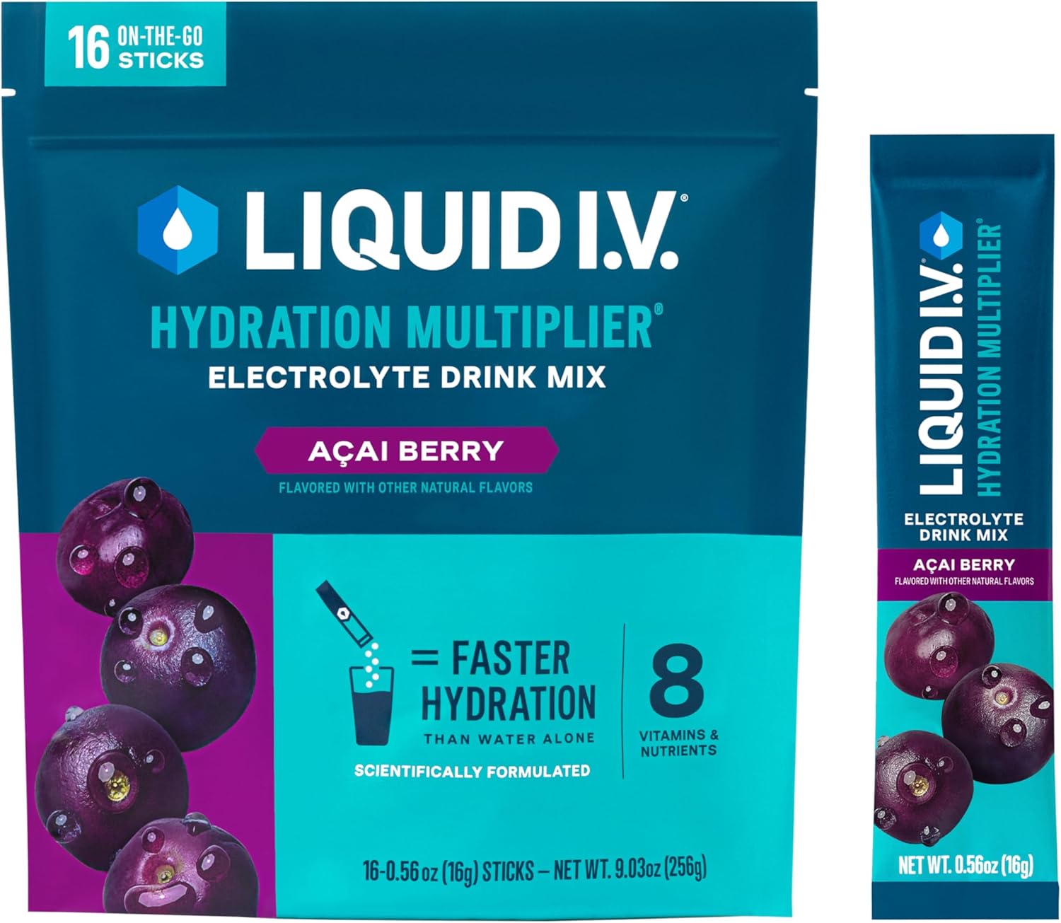 Liquid I.V.® Hydration Multiplier® - Acai Berry - Hydration Powder Packets | Electrolyte Drink Mix | Easy Open Single-Serving Stick | Non-Gmo | 16 Servings (Pack Of 1)