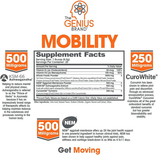 Genius Mobility & Joint Support Supplement Powder - Move Better W/Turmeric & Nem Egg Shell Membrane, Knee, Back, & Hip Support For Joint Health, Super Strength For Aches & Soreness Free By Docjenfit