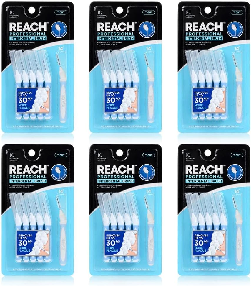 Reach Interdental Brush Tight 1.0mm Floss Bundle | Removes up to 30% More Plaque | Special Designed for Gum Protection, PFAS Free | 10 Brushes (Pack of 6)