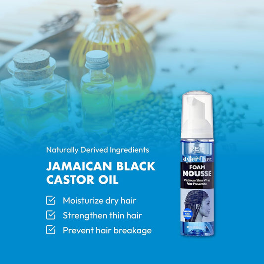 Red By Kiss Foaming Mini Travel Size Mousse, Maximum Shine Wrap Mousse, Reduce & Prevent Frizz, Define Curls, Hold Styles, Nourishes Dry & Crips Hair (Jamaican Black Castor Oil)
