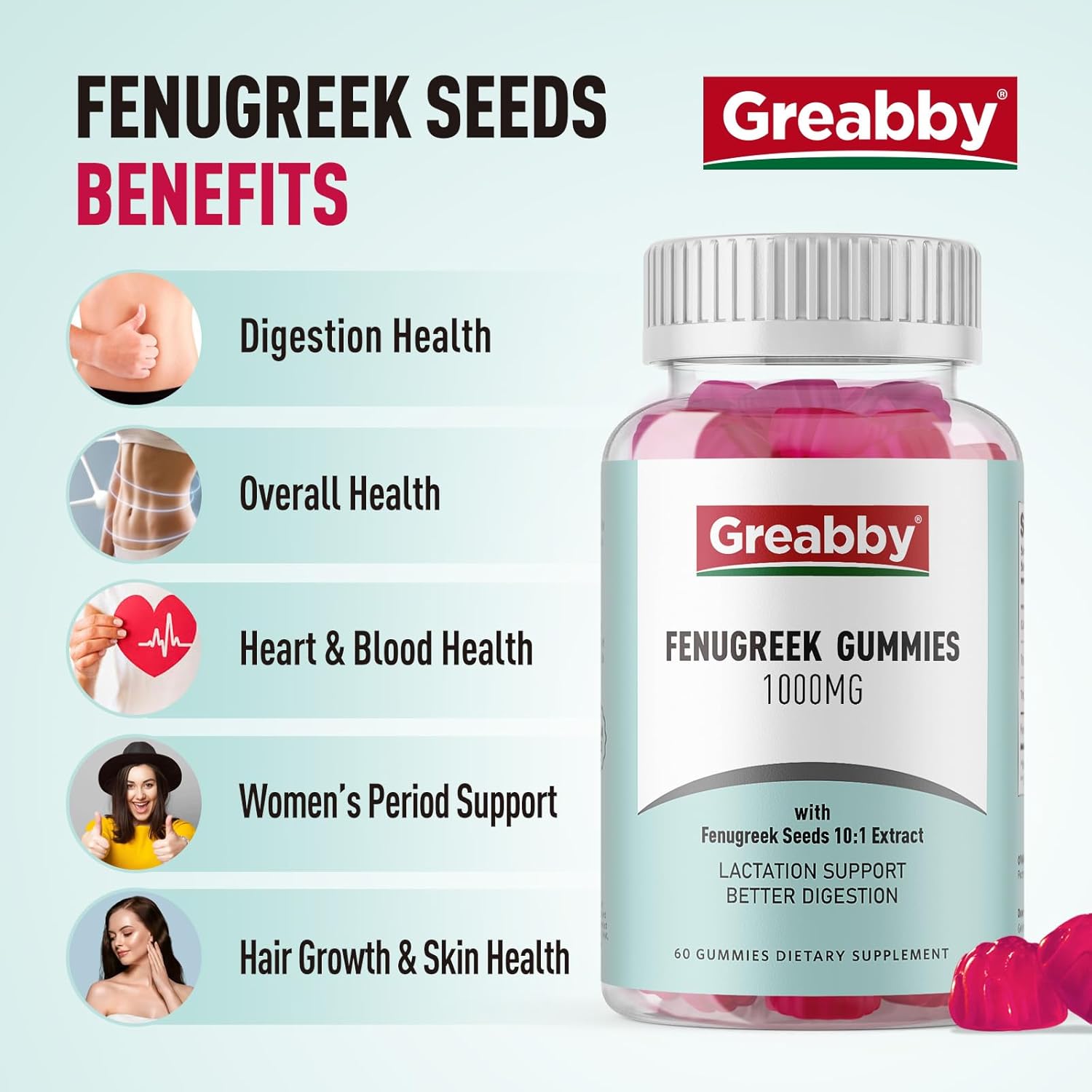 GREABBY Fenugreek Gummies 1000mg, Pure Organic Fenugreek Seeds Supplement, Healthy Lactation Support, Non-GMO (60 Vegan Gummies) : Grocery & Gourmet Food