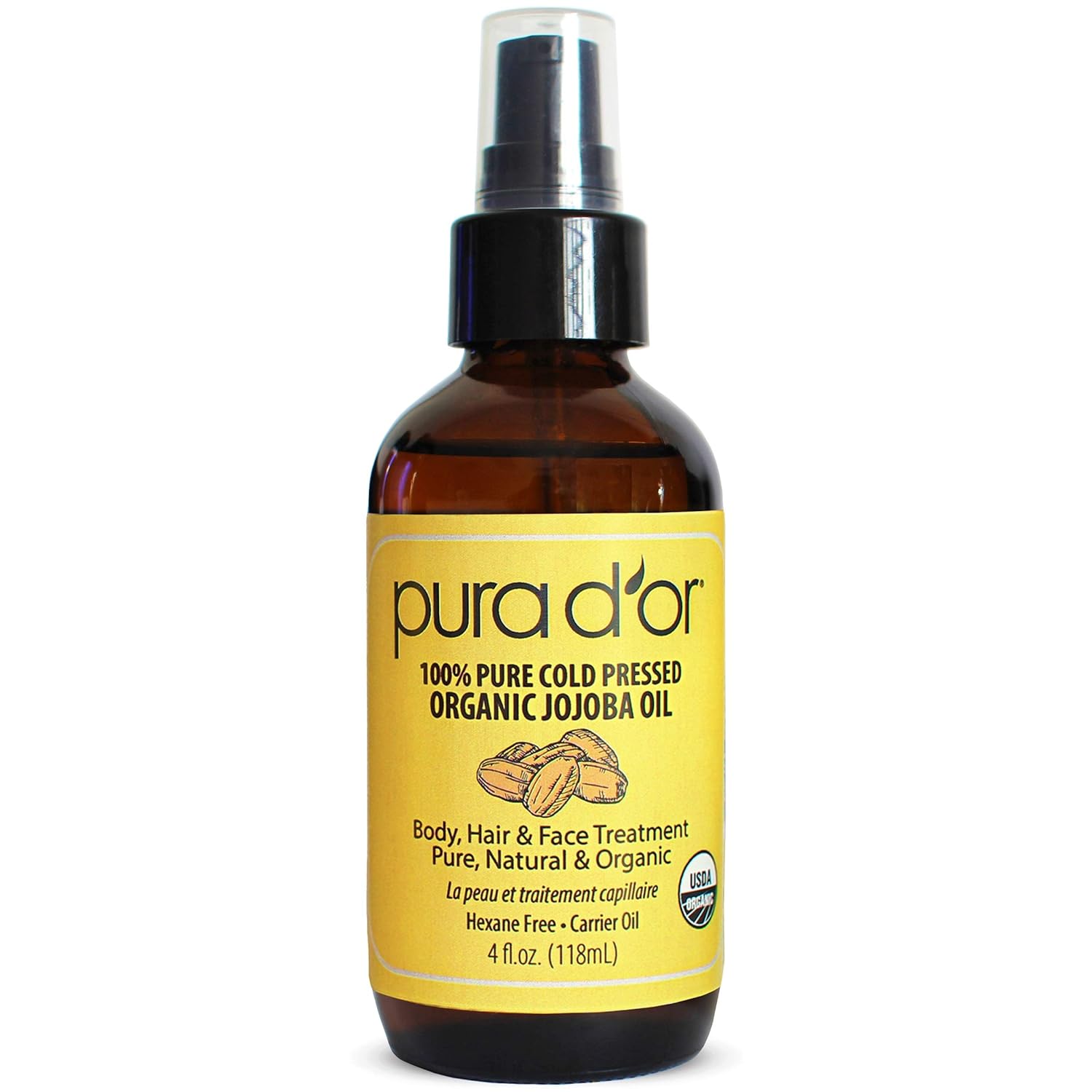 PURA D'OR Organic Jojoba Oil (4oz / 118mL) 100% Pure USDA Certified Premium Grade Natural Moisturizer: Cold Pressed,Unrefined,Hexane-Free Base Carrier for DIY Skin Care,Hair,Face & Nails : Beauty & Personal Care