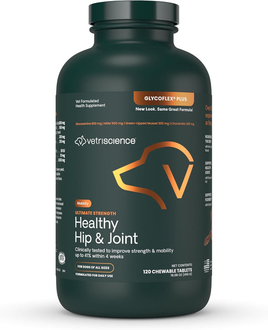 Vetriscience Glycoflex Plus, Clinically Proven Hip And Joint Supplement For Dogs - Advanced Dog Supplement With Glucosamine, Chondroitin, Msm, Green Lipped Mussel & Dmg - 120 Tablets, Chicken Flavor