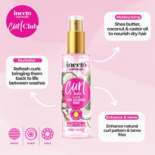 Inecto Curl Club, All In One Curl Activating Spray 200Ml, Refresh & Detangle Spray For For All Curly, Wavey Hair Types, Vegan & Cruelty Free, 100% Natural