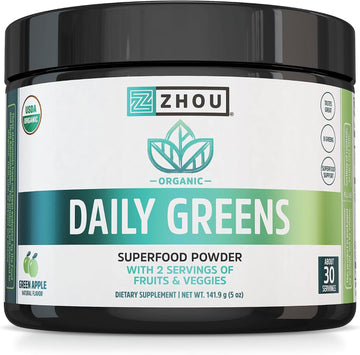 Zhou Nutrition Usda Organic Supergreens Powder, Superfood Smoothie Juice Mix, Spirulina, Chlorella, Wheatgrass, Kale, Fiber, Immune And Energy Support, Vegan, Non-Gmo, 30 Servings