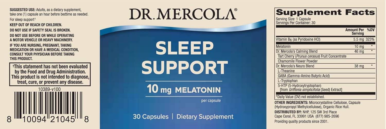 Dr. Mercola Sleep Support with Melatonin 10 mg Dietary Supplement, 30 Servings (30 Capsules), Non GMO, Gluten Free, Soy Free