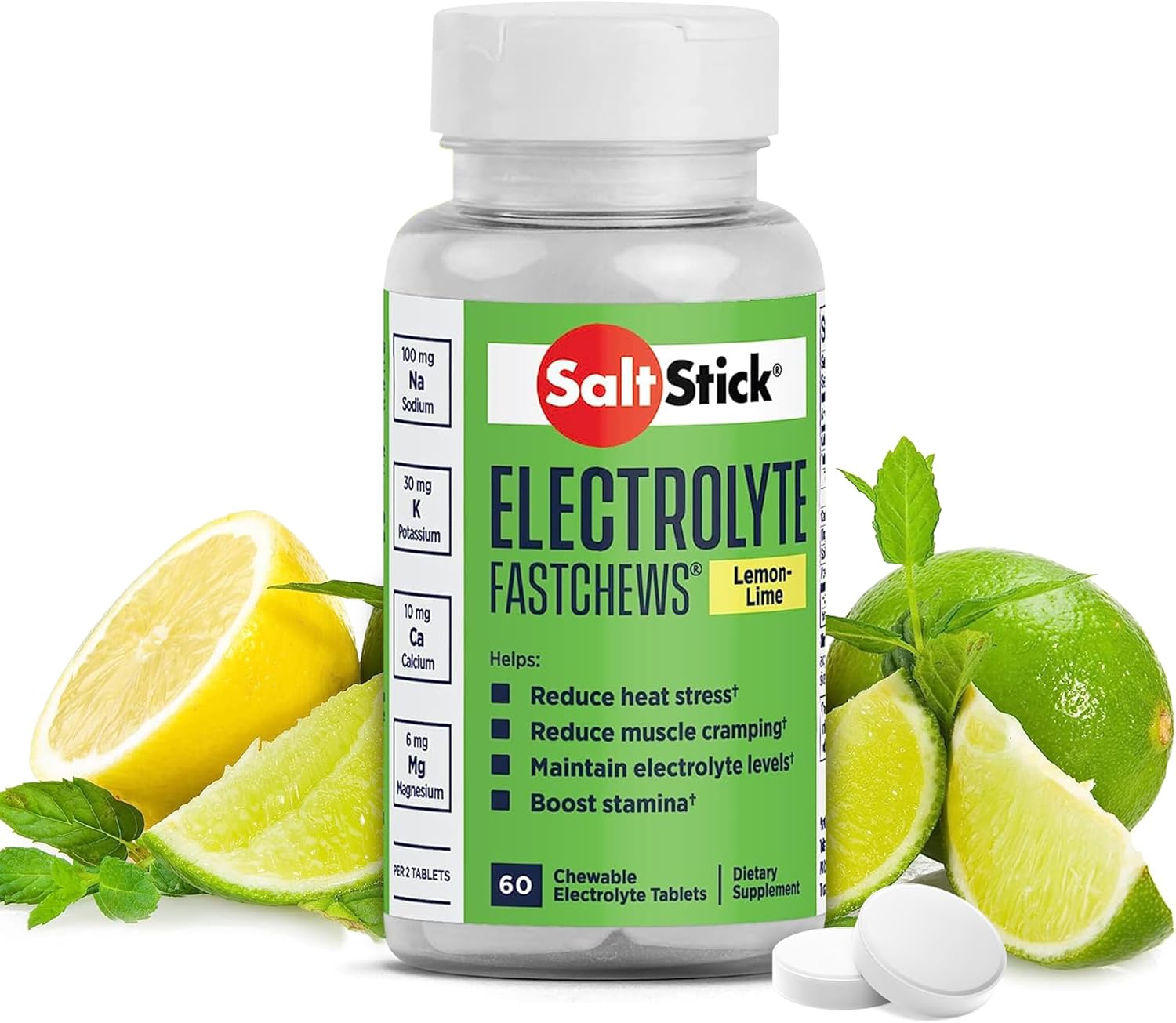 Saltstick Fastchews Electrolytes - 60 Chewable Electrolyte Tablets - Lemon Lime Flavor - Salt Tablets For Running, Fast Hydration, Leg Cramps Relief - Non-Gmo, Vegan, Gluten Free