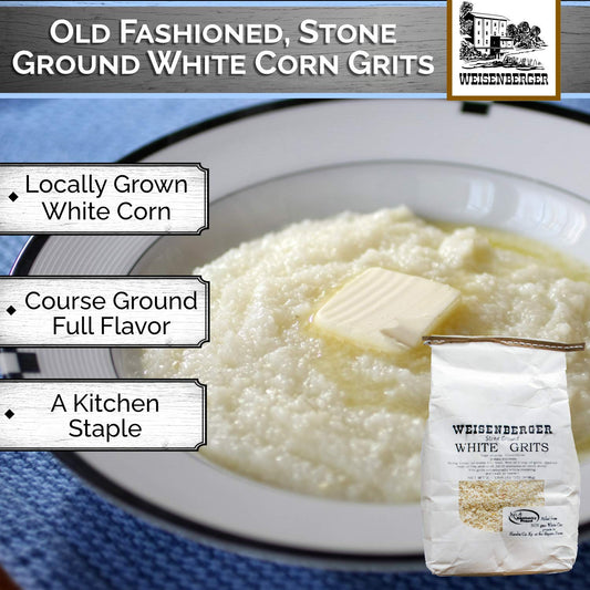 Weisenberger Stone Ground White Grits - Authentic, Old Fashioned, Southern Style Corn Grits - Local Kentucky Proud Product - Non GMO Course Ground Cornmeal Grits - White, 2 lb
