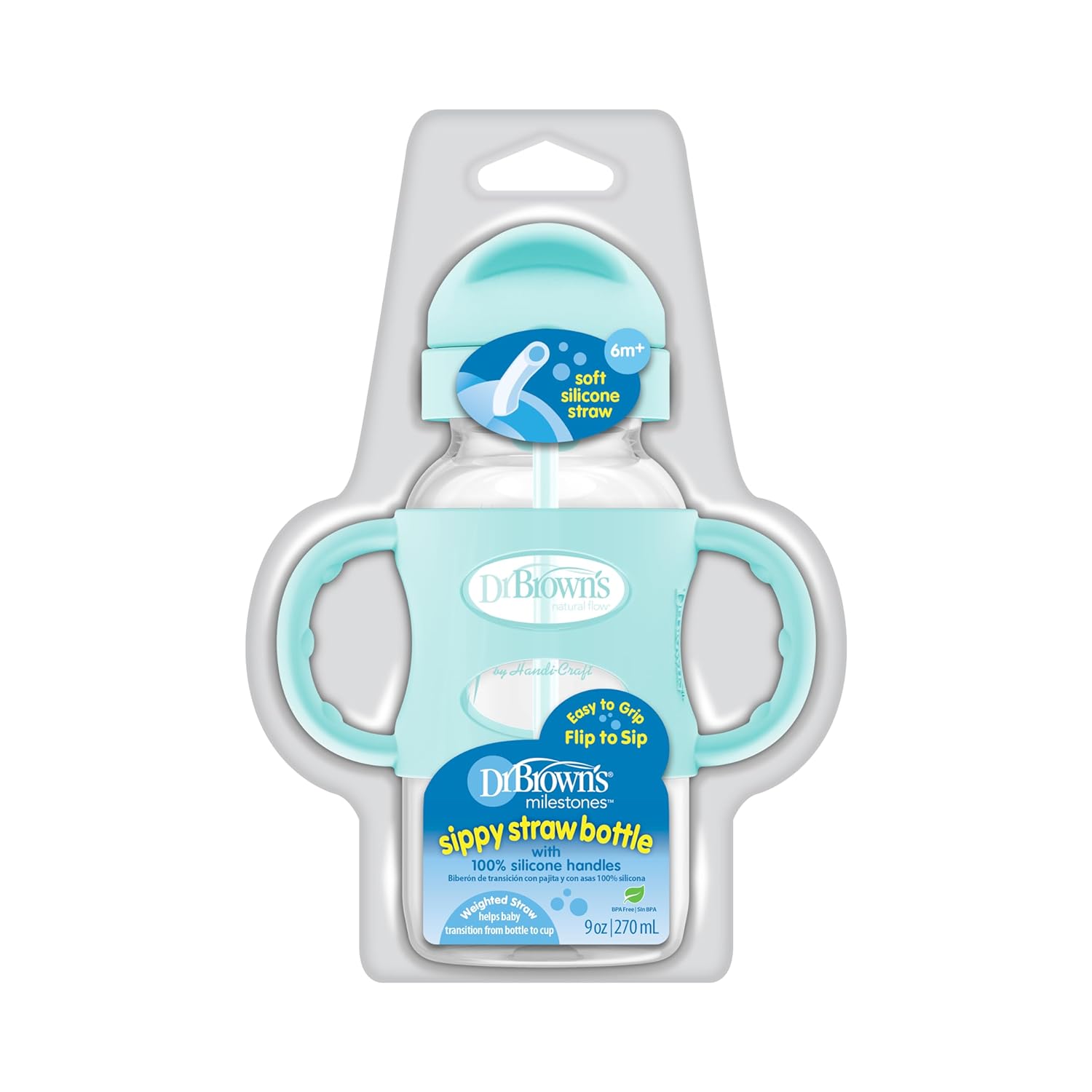 Dr. Brown's Milestones Wide-Neck Sippy Straw Bottle with 100% Silicone Handles and Weighted Straw, 9 oz/270 mL, Green, 6m+ : Baby