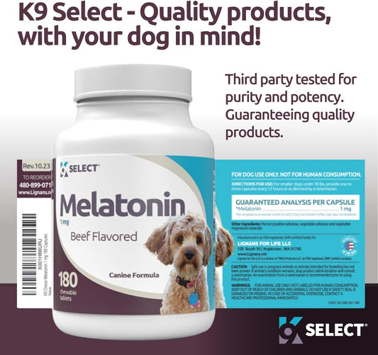 K9 Select Melatonin For Dogs, 1 Mg - 180 Beef Flavored Chewable Tablets - Dog Melatonin For Smaller Breeds - Gentle Well-Being Enhancer - Healthy, Tasty Dog Treats That Promote Overall Health