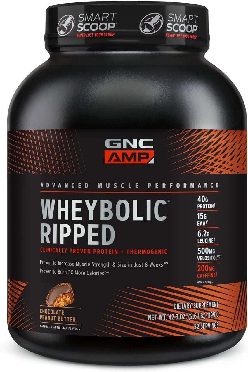 Gnc Amp Wheybolic Ripped | Targeted Muscle Building And Workout Support Formula | Pure Whey Protein Powder Isolate With Bcaa | Gluten Free | Chocolate Peanut Butter | 22 Servings