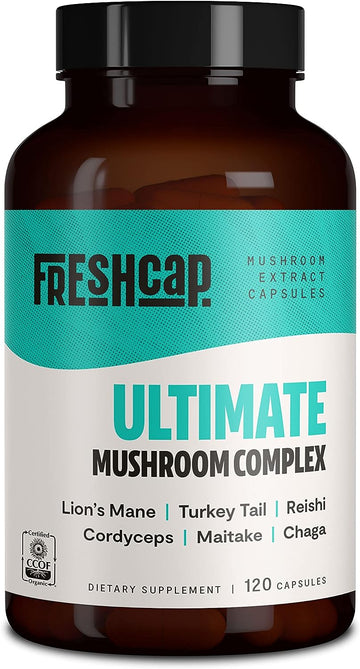 Freshcap Ultimate Mushroom Complex - Lions Mane, Reishi, Cordyceps, Chaga, Turkey Tail, Maitake - Immune Support & Nootropic Brain Supplements For Immunity, Energy, Memory & Focus