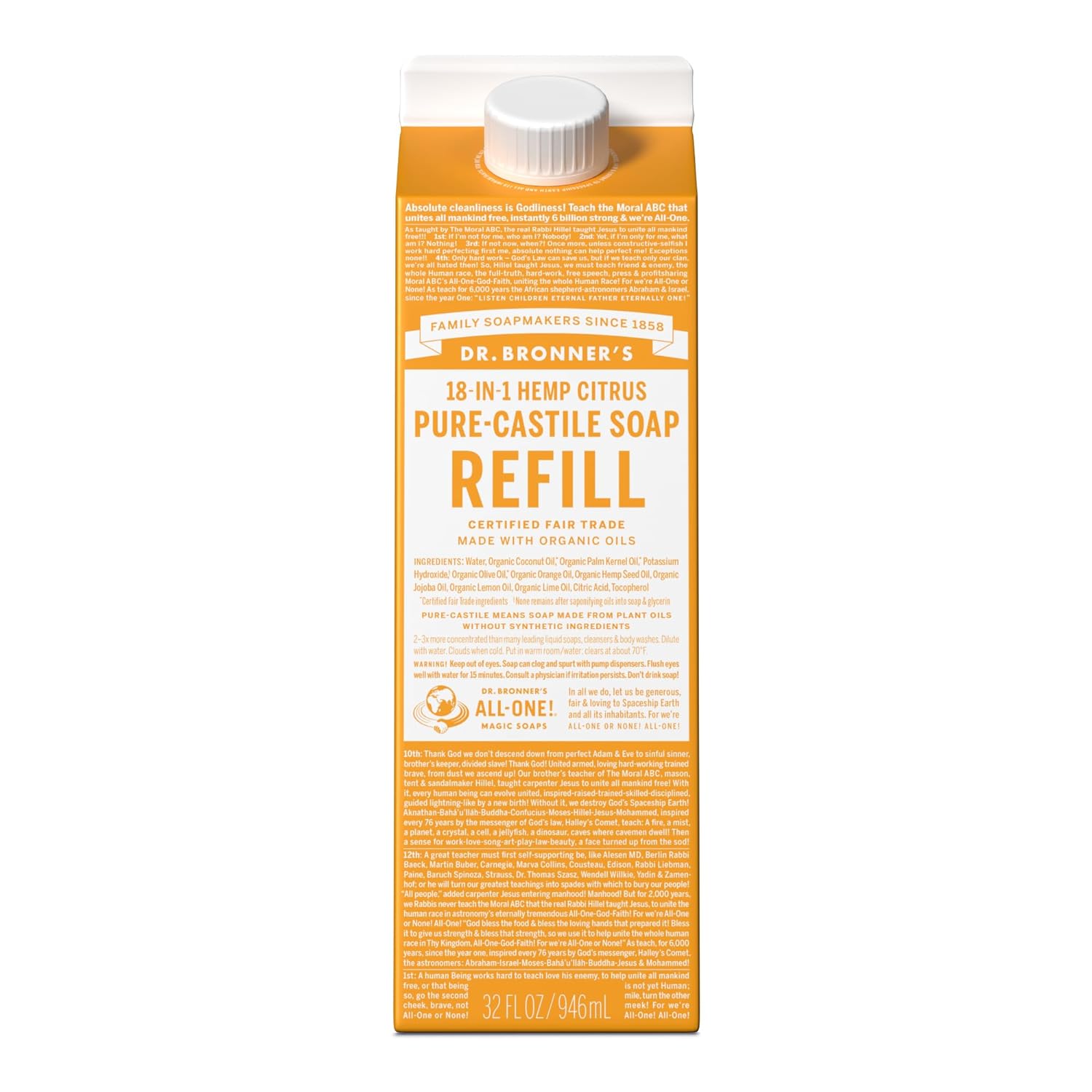 Dr. Bronner'S - Pure-Castile Liquid Soap Refill, 82% Less Plastic Per Quart, Made With Organic Oils, 18-In-1 Uses, For Face, Body, Hand Soap Refill, Hair, Laundry, Pets & Dishes (32Oz, Citrus)