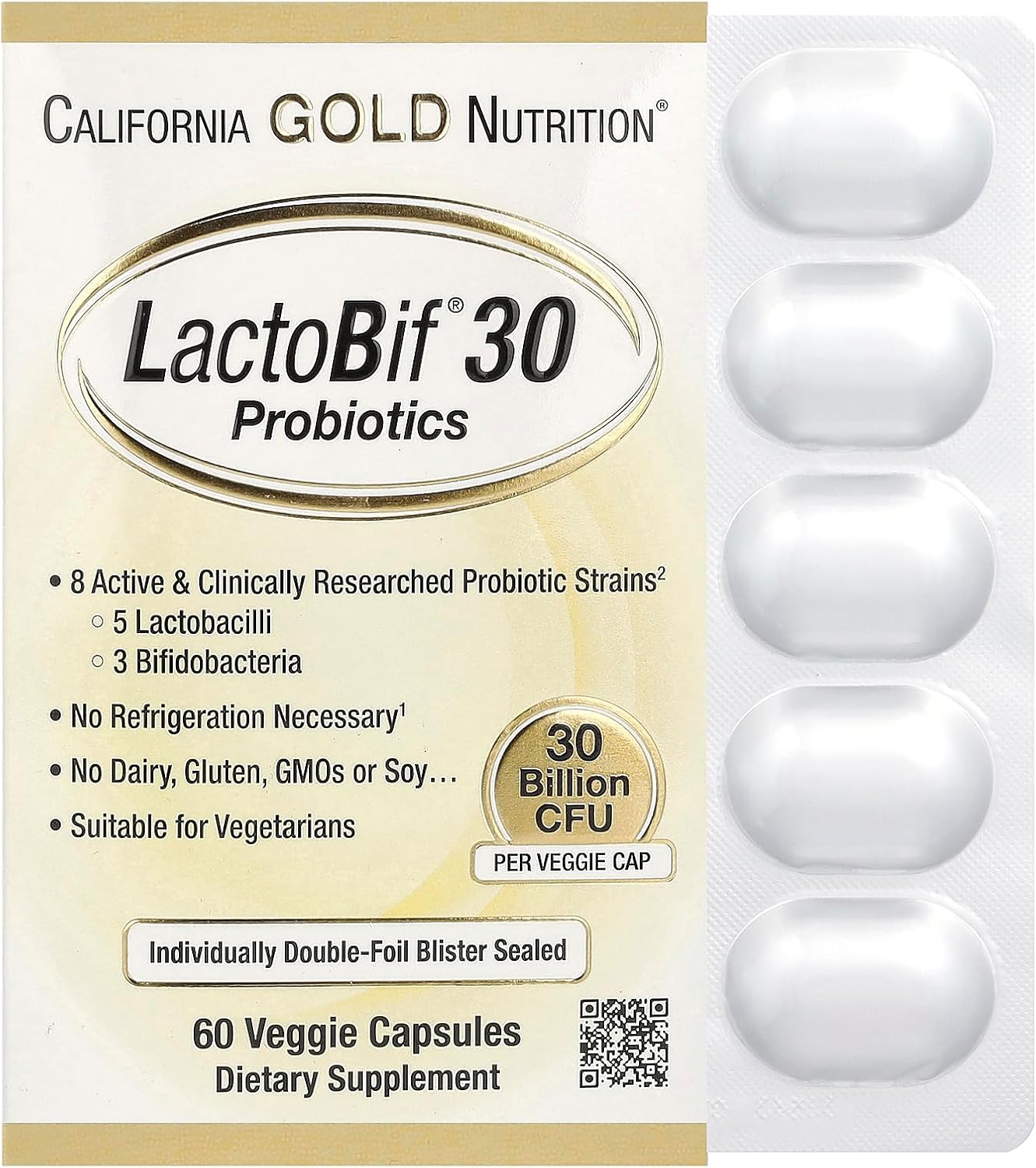 California Gold Nutrition Lactobif 30 Probiotics, 30 Billion Cfu, 60 Veggie Capsules